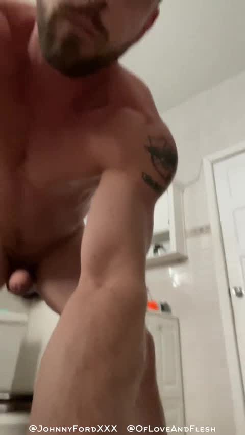 Hot muscular guy masturbating in his bathroom