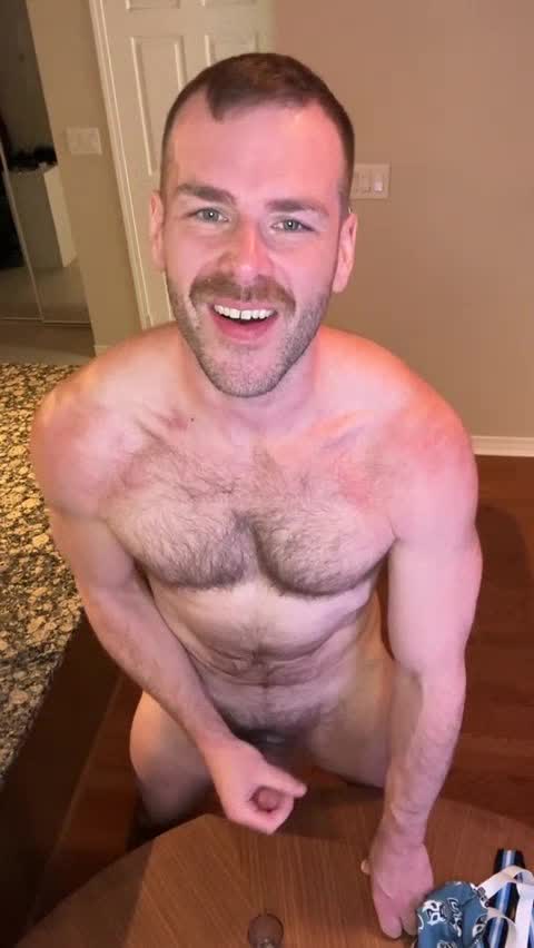 Hairy Hunk Pumps His Cum on Glass And Drinks It
